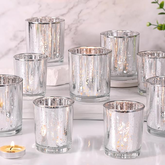 Volens 24pcs Assorted Silver Votive Candle Holders for Wedding Table Centerpieces, Large Mercury Glass Candle Holder for Votive & Tealight Candle, Silver Party Decorations for Bridal and Baby Shower