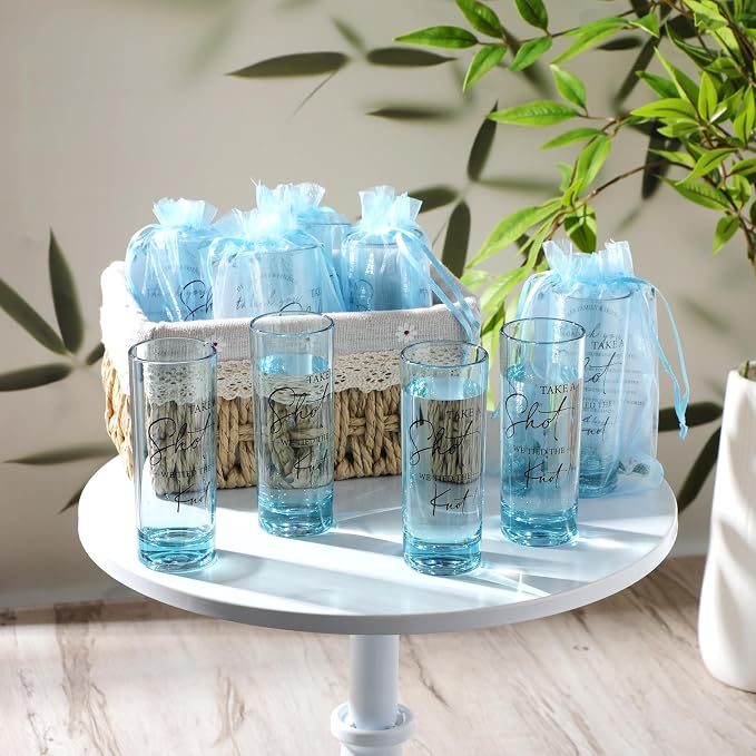 Sliner 50 Set Wedding Favors for Guests Bulk 2oz Acrylic Take a Shot We Tied the Knot Shot Glasses with Thank You Cards Organza Bags for Guest Souvenirs Wedding Newlyweds Bridal Shower Gifts (Blue)