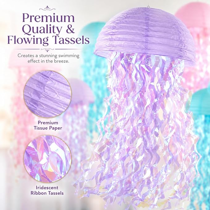 6-Pack Jellyfish Paper Lanterns with Shiny Ribbons, Pink Blue Purple Under The Sea Party Decorations, Mermaid Birthday Decorations for Girls, Ocean Themed Pool Party