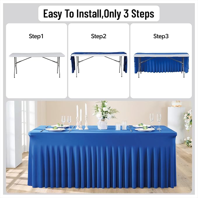 Leegleri 4 Pack Royal Blue Spandex Table Clothes for 6ft Rectangle Tables, Wrinkle Free Fitted Tablecloths for Parties, Weddings, Banquets, Baby Showers