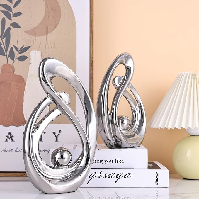 XMGZQ Home Decor Accent,Porcelain Art Mid Century Bookshelf Decorations,Gold Centerpieces for Tables,Abstract Ceramic Statue Sculpture for Coffee Table Mantel Tv Stand Centerpieces (Silver, Large)