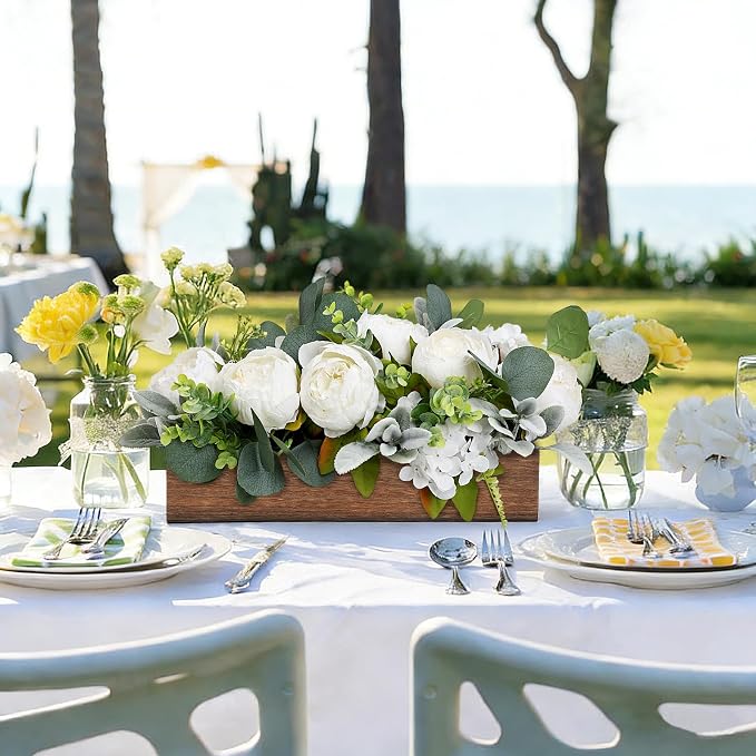 Pre-Made Flower Centerpieces for Table, Artificial Floral Centerpieces for Dining Table Wood Fake Peony Hydrangea Centerpiece for Wedding Living Room Party Bar Kitchen Table(White)