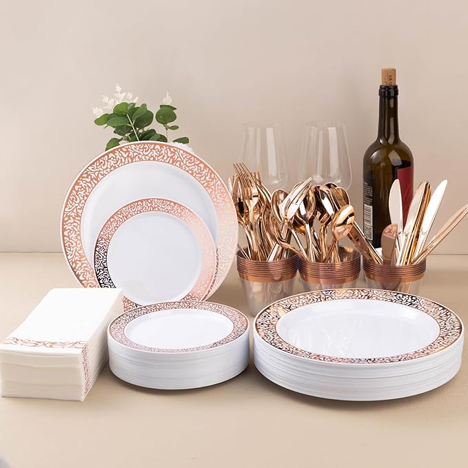 Bestluck 350PCS Rose Gold Plastic Dinnerware Set for 50 Guests, Disposable Plates for Party, Wedding, Include 50 Rose Gold Dinner Plates, 50 Dessert Plates, 50 Set Silverware, 50 Cups, 50 Napkins