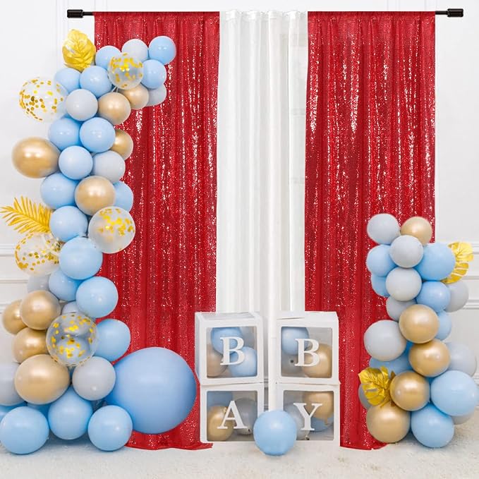 SquarePie 2 PCS 2x8ft Red Sequin Backdrop Curtains, Satin-Backed Shimmering Photo Booth Background, 2 Panels Narrow Real Sequin Drapes with 4" Rod Pocket for Party, Baby Shower, Doorway Decor