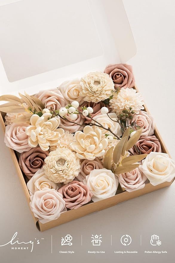 Ling's moment Fake Flowers Box, Faux Artificial Greenery Stems Foam Dahlia Roses Silk Willow Fabic Flower for Centerpieces Bouquet Wedding Vase Decorations, Dusty Rose & Cream & Blush, Grand Combo