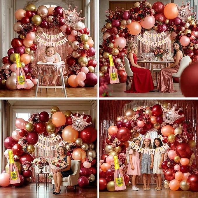 Burgundy Birthday Decorations, Double Stuffed Dark Red Pink Gold Pearl Balloons Happy Birthday Banner Fringe Curtain Foil Balloons for Women Girls Birthday Mother's Day Bridal Shower Party Supplies