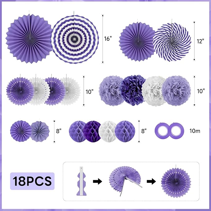 Purple White Party Decorations 23Pcs Lavender Birthday Decorations for Girl | with Hanging Paper Fans Pom Poms Flowers Packs Bridal Shower Baby Showers Wedding Engagement Bachelorette Graduation