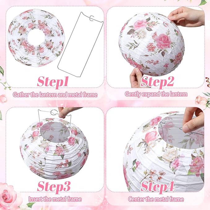Honoson 12 Pcs Pink Rose Paper Lanterns Spring Floral Party Decorations Hanging 10 Inch Chinese Lanterns for Wedding Bridal Shower Baby Shower Tea Party Decorations