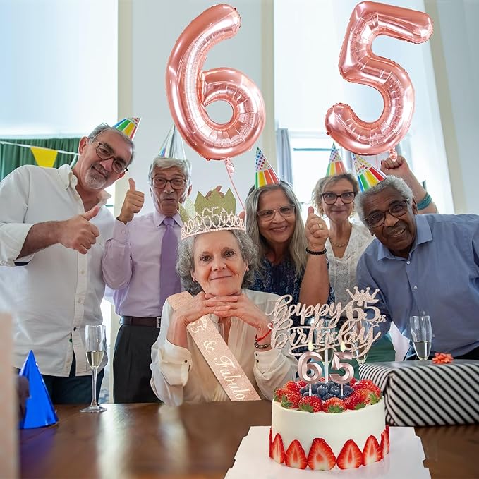 65th Birthday Decorations for Women, Including 65th Birthday Sash and Tiara, Cake Topper and Candles, Number Balloons, 65 Year Old Gifts Women