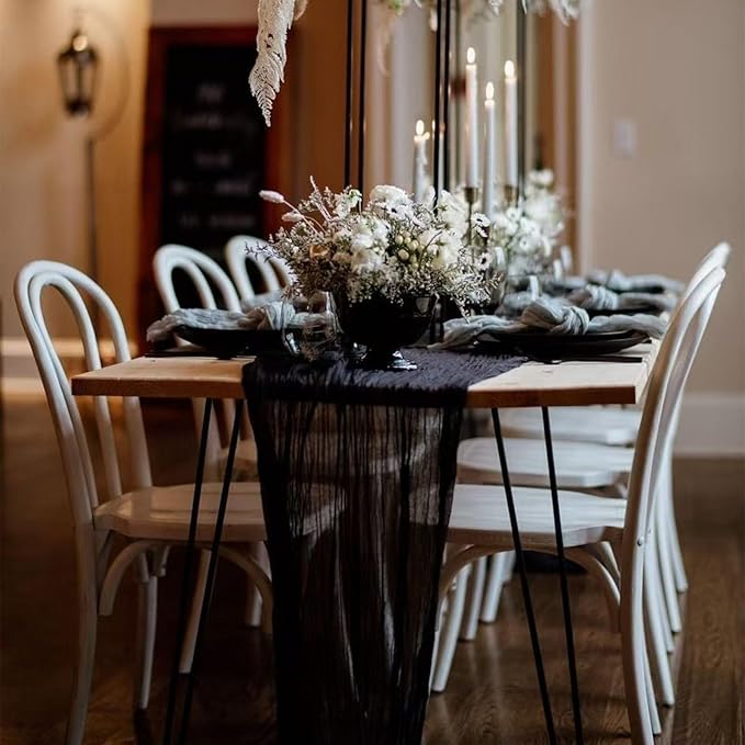 10 Pack Black Cheesecloth Table Runner 17x108 Inch Semi Sheer Boho Rustic Gauze Cheese Cloth Table Runners for Wedding Party Birthday Baby Shower Home Décor