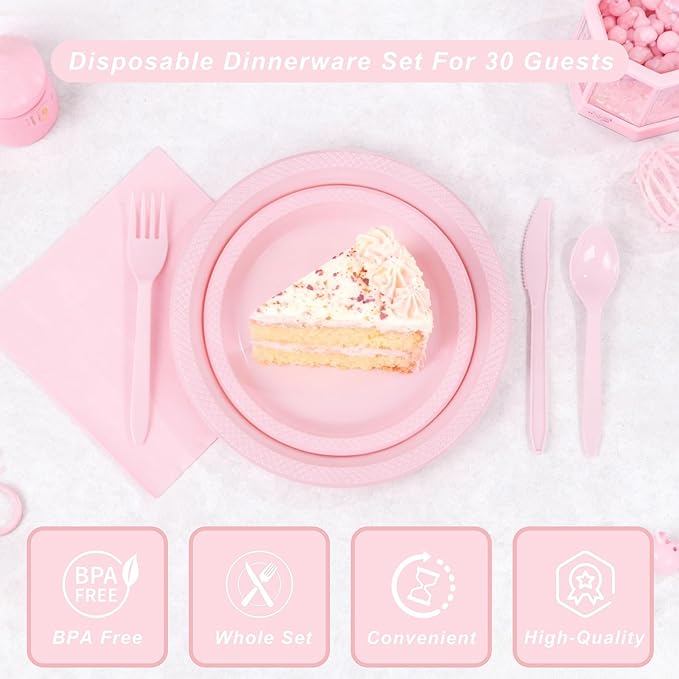 WELLIFE 210 PCS Pink Plastic Plates for 30 Guests - Disposable Dinnerware Set Including Dinner Plates, Dessert Plates, 12oz Cups, Cutlery & Napkins, Pink Party Plates