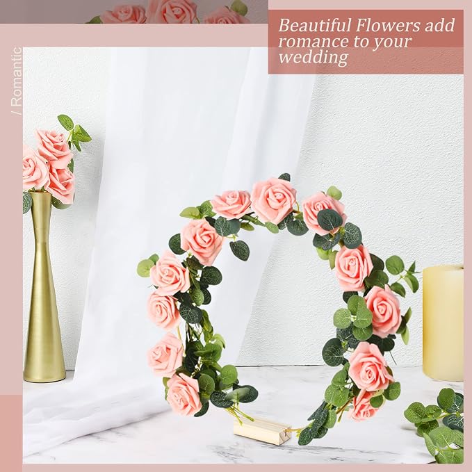 15 Pcs Metal Floral Centerpiece Table Decorations Hoop Centerpiece with Stand Gold Centerpieces for Table 15 Wooden Holders 30 Artificial Flowers 30 Leaves for Wedding DIY Craft Decor(10 Inch,Pink)