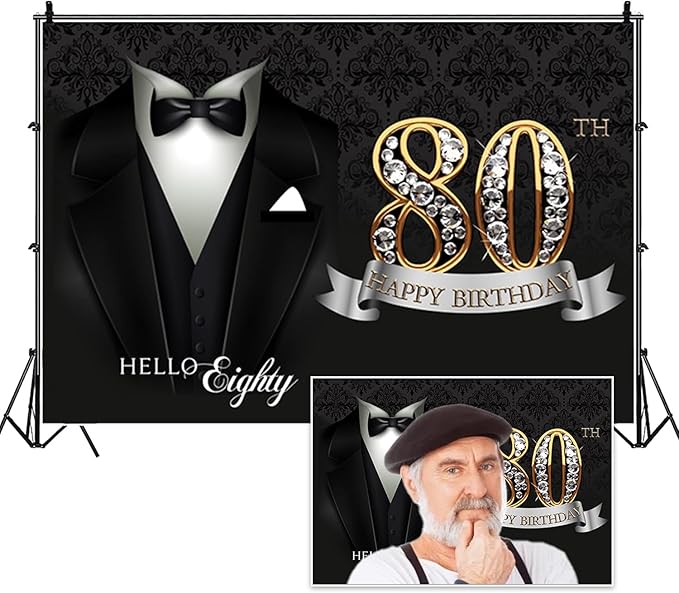 10x6.5ft Men 80th Birthday Background for Photography Black Necktie Suit Tuxedo Hello Eighty Backdrop Banner Luxury Diamonds Gold 80th Happy Birthday Party Supplies Portrait Photoshoot Props