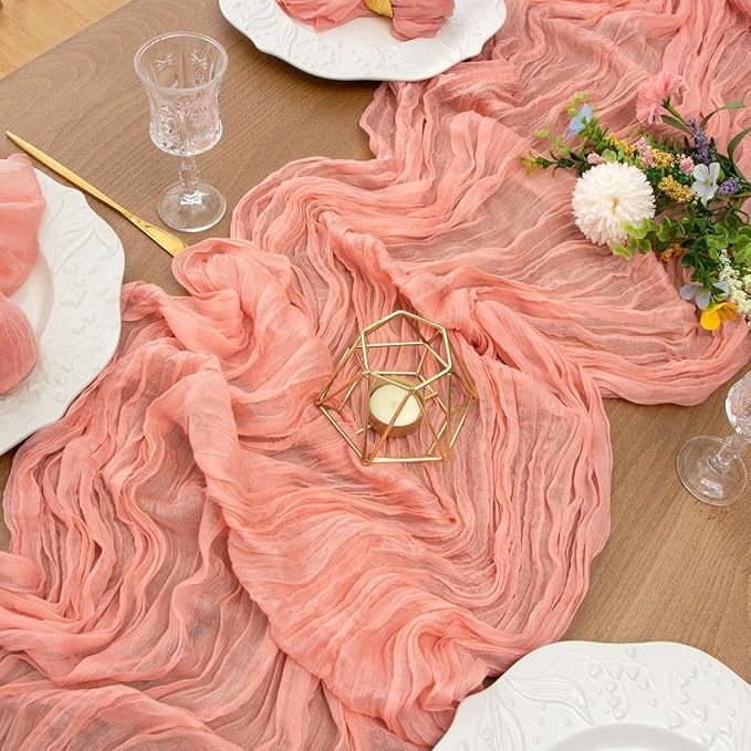 FEXIA Pink Cheesecloth Table Runner Spring Decor Easter Table Runner 35x120 Inches for Mother's Day Bridal Shower Tea Party Baby Shower Wedding Decor Table Centerpiece Decorations