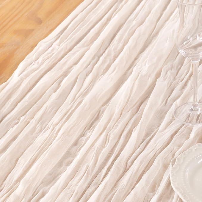 DeZerlor Ivory White Cheesecloth Table Runner 6 Pack Spring Easter Table Runners Boho Gauze 120 Inches White Cheese Cloth Table Decor for Wedding Bridal Baby Shower Parties