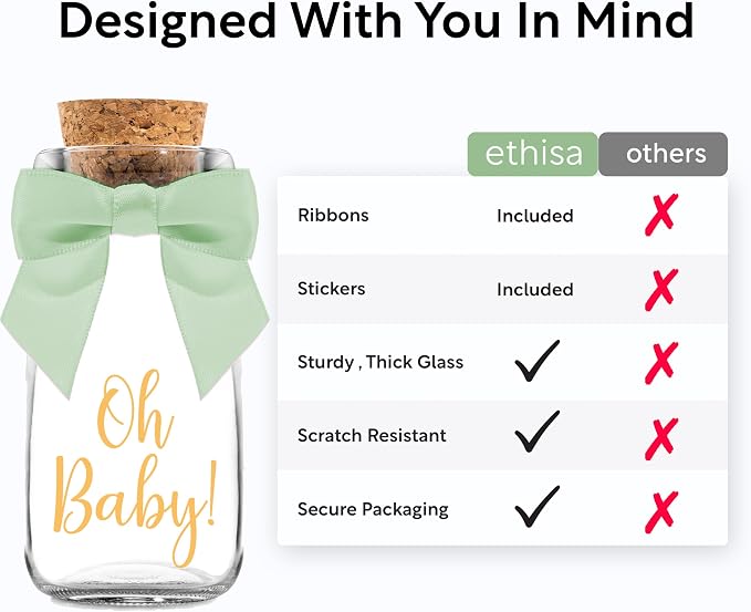 Ethisa 96 Pack Oh Baby Woodland Milk Glass Bottles with Ribbons and Stickers - Vintage Baby Shower Favors for Guests and Table Centerpieces - Gender Neutral Eucalyptus Decorations - Safari Theme