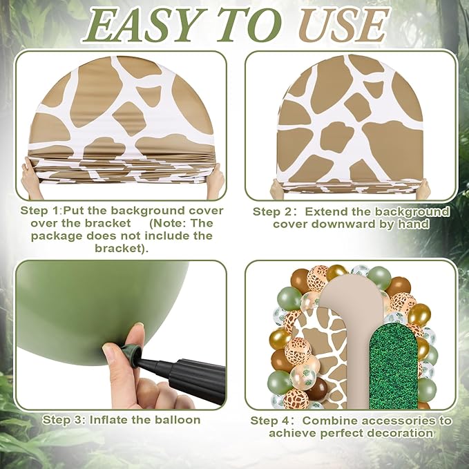 Foilswirl 34 Pieces Jungle Safari Party Decorations 4ft 5ft 6ft Safari Arch Backdrop Cover Jungle Arch Cover Green Leaves Backdrop Green Brown Khaki Balloons for Wildlife Birthday Party Decor