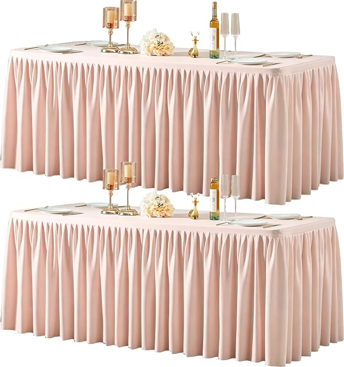 2 Packs Pale Pink Tableclothes for 6 Foot Rectangle Tables, Wrinkle Free Fitted Table Cloth 6ft Stretch Table Cover with Skirt for Parties Weddings Birthday Banquet Baby Shower
