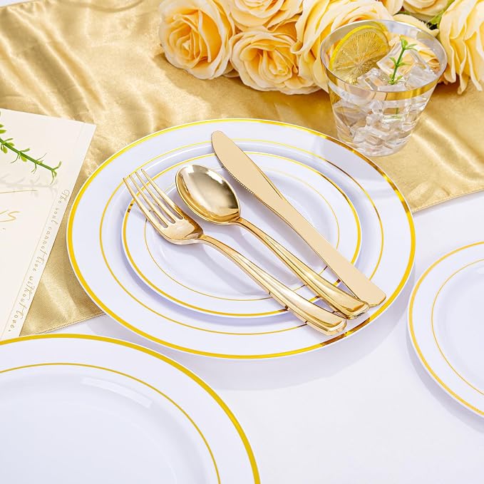 WELLIFE Gold Disposable Dinnerware Set for 100 Guests - 600PC BPA-Free Plastic Plates & Cutlery Kit with 100 Dinner Plates, Salad Plates, Forks, Knives, Spoons & Cups for Party, Catering (Heavy-Duty)