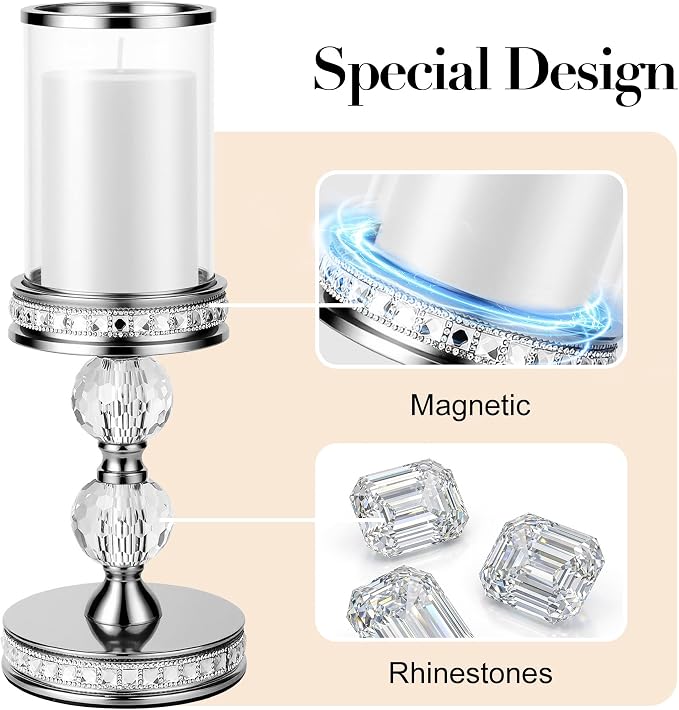12.4" Tall Hurricane Candle Holder, Pillar Candle Holders with Glass Sleeve with Gift Box, Crystal Candle Stands for Home Warming, Weddiing, Dining Room Decor, Table Centerpiece (2, Silver, M)