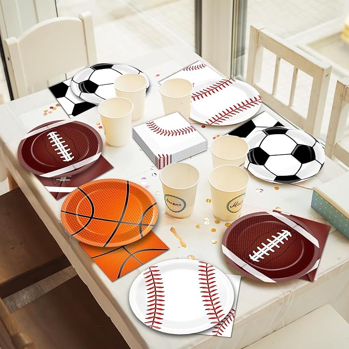 Lonfliness 96 Pcs Sports Party Decoration Sport Plates and Napkins Basketball Football Baseball Dessert Cake Tableware Supplies Rugby Theme Activities Game Disposable Paper Party Dinnerware Favor