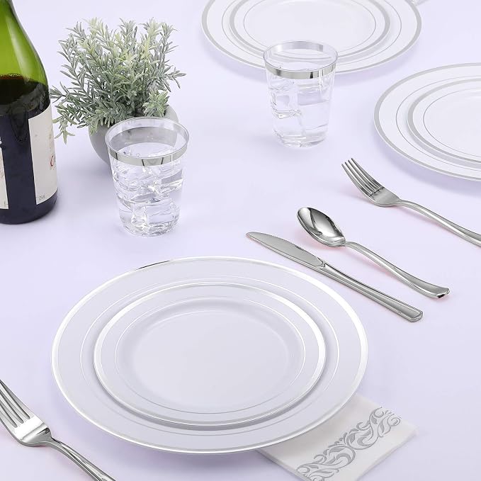 FOCUSLINE 175 Count Silver Dinnerware Set for 25 Guests - Silver Rimmed Disposable Plastic Plates Heavy Duty, Includes 25 Dinner & Salad Plates, Cups, Cutlery Set for Wedding Parties