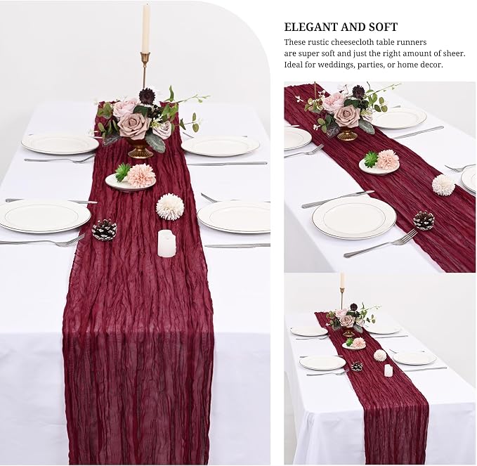 24 Pack Burgundy Cheesecloth Table Runner 120 inch Fall Thanksgiving Boho Rustic Gauze Farmhouse 10FT Cheese Cloth Runner for Baby Shower Wedding Party Holiday Home Decor