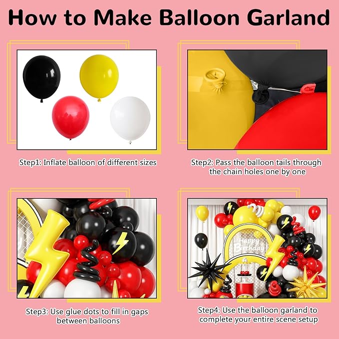 Red Black Yellow Balloon Garland Arch Kit, 117pcs Cartoon Birthday Party Decorations with White Long Balloon Lightning Strike Gold Explosion Star Foil Balloons for Cartoon Ball Baby Shower Party Decor