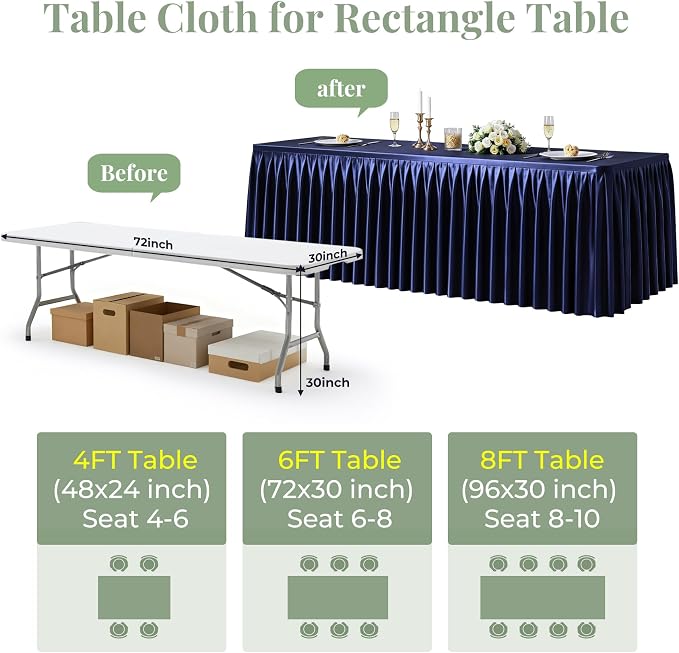 Navy Blue Satin Tablecloths Rectangle 6FT, Glitter Spandex Fitted Stretch Table Covers Wrinkle-Free Floor Length Shimmer Table Skirt for Weddings Parties Baby Shower Banquets Vendor Events