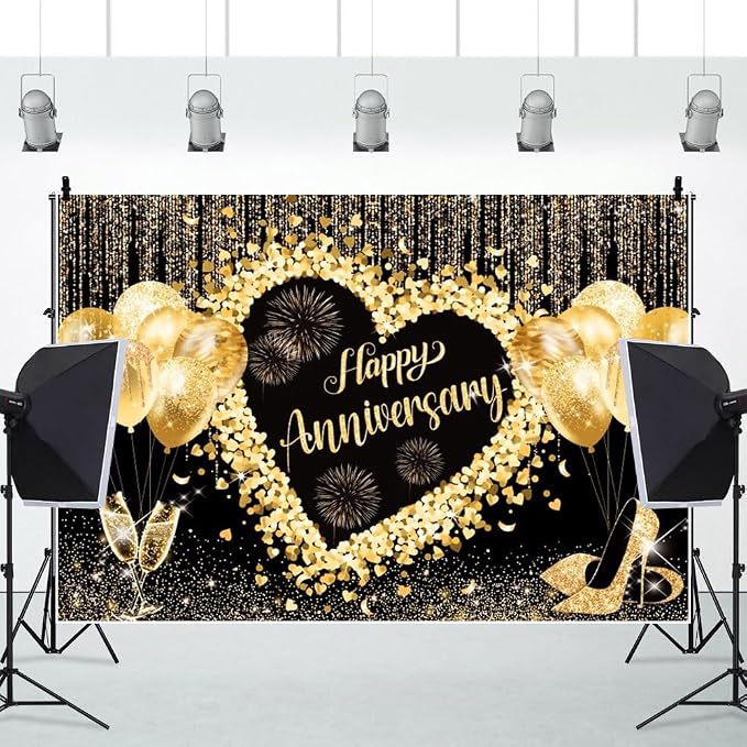 10x8ft Black and Gold Happy Anniversary Backdrop Banner, Happy Anniversary Sign, Gold Glitter Bokeh Spot Balloon Champagne Decorations for Wedding Anniversary Bridal Shower Party Photo Backdrops