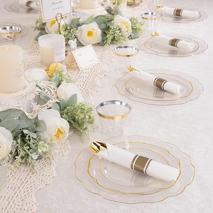 NOCCUR 50Guest Gold Rim Clear Plastic Plates&Disposable Silverware Cups-Include 100Plastic Plates, 150Gold Utensils, 50Cups and 50Napkins-Idea for Wedding/Party
