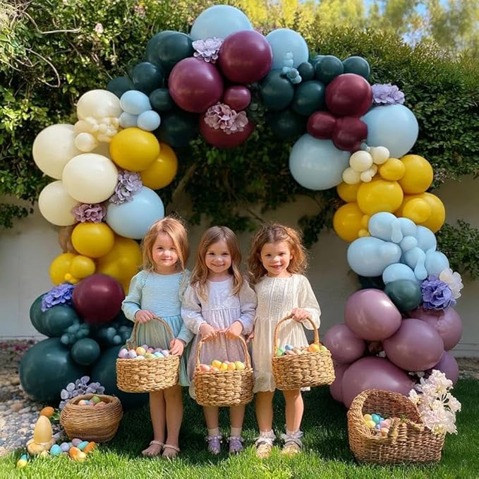 Blue Yellow Purple Balloon Arch, Double Stuffed Dusty Blue Purple Balloon Garland Kit with 6pcs Hydrangea Artificial Flowers for Baby Shower Birthday Boho Floral Wedding Party Decoration