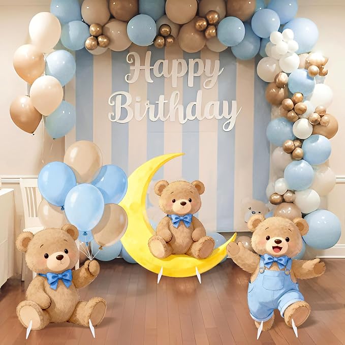 3Pcs Blue Bear Baby Shower Decorations, Large Moon Bear Cardboard Cutout Standup with Yard Stakes & Stands for Boy Bear Birthday Indoor Outdoor Photo Booth Props Cartoon Party Supplies