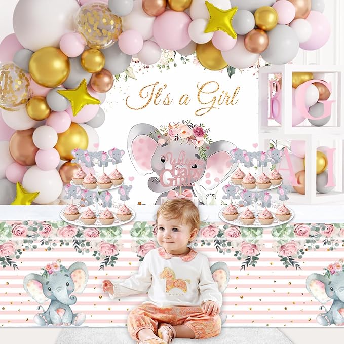 JOGAMS Elephant Baby Shower Decorations for Girl 234Pcs with Baby Boxes Letter Backdrop Tablecloth Cupcake Cake Topper Gold Star 4D Foil Confetti Balloons for Elephant Theme Baby Shower Birthday Party