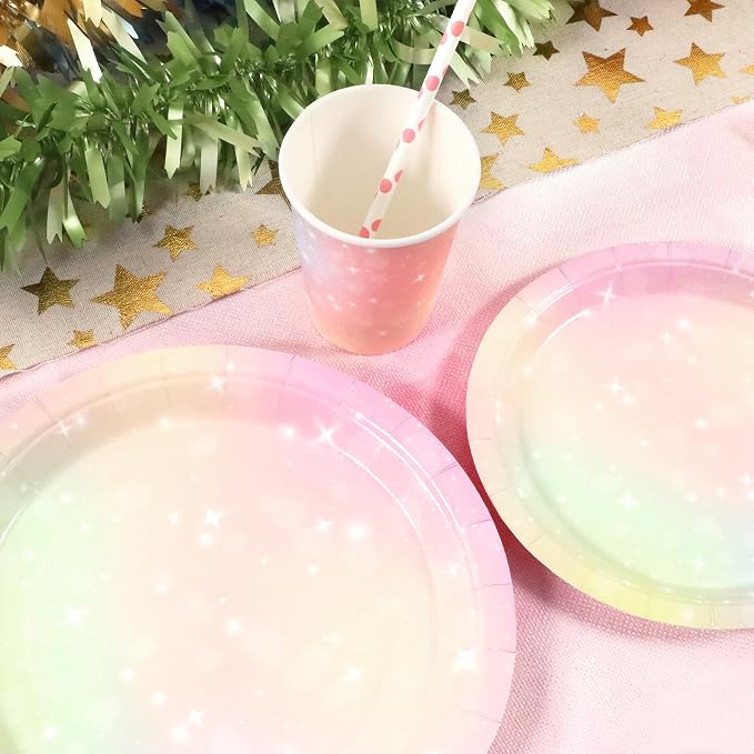 Recheel Pastel Birthday Party Supplies Decorations, Rainbow Theme Birthday Paper Plates and Napkins Set with Cups and Straws for 24 Guests, 120 Pcs Disposable Party Dessert Dinnerwares
