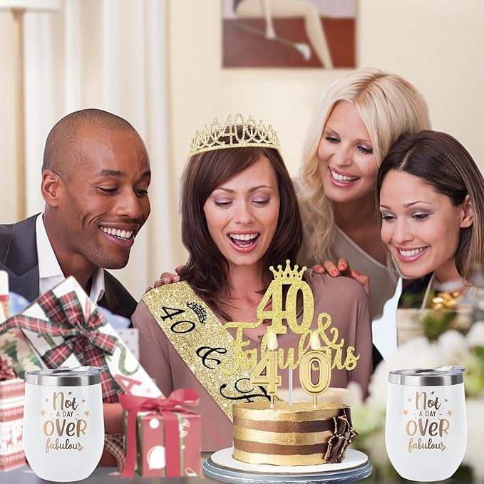 40th Birthday Gifts Women with 12oz Tumbler/Mug for Wine or Coffee, Birthday Crown, Sash, Cake Topper and Candles, 40 Year Old Decorations Gifts Idea Gold White