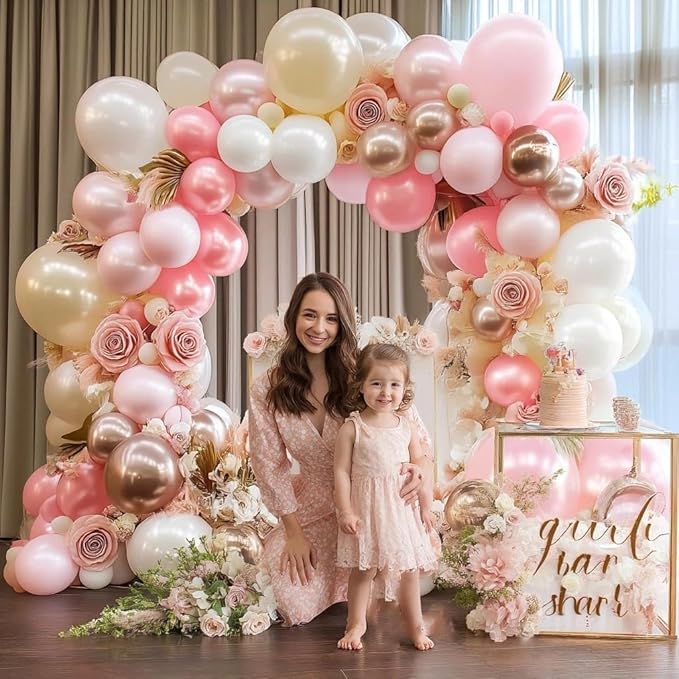 Pink White Balloon Garland Double Stuffed, Pastel Pearl Pink Champagne Gold White Sand Balloon Arch Kit for Mother's Day Birthday Baby Shower Bridal Shower Wedding First Communion Party Decorations