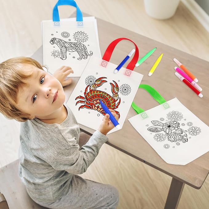 Pasimy 24 Pieces Mandala Animals Coloring Goodies Bags with 144 Makers Recycle Coloring Gifts Bags Color Your Own Totes for Kids DIY Painting Art Crafts Birthday Party Favors