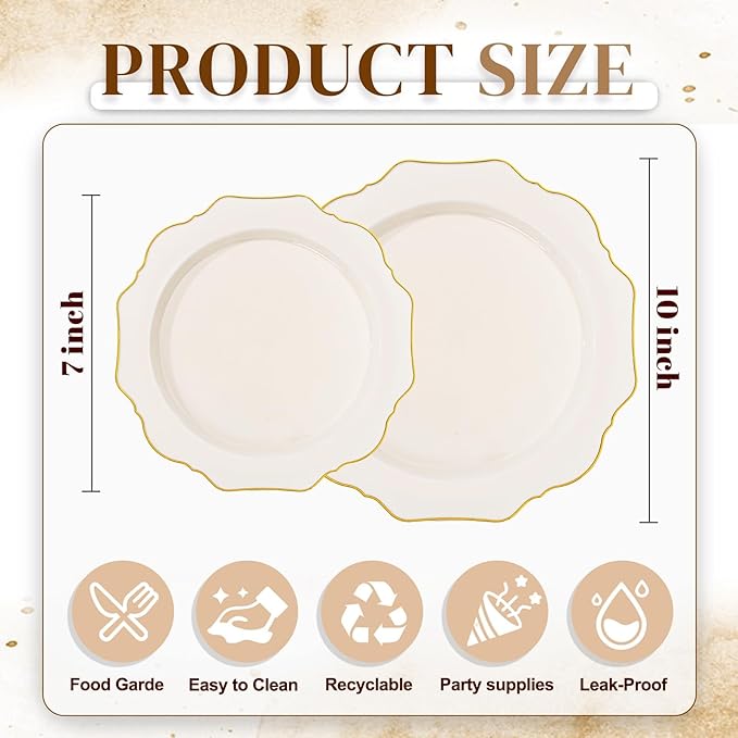 WDF 200PCS Ivory Plastic Plates with Gold Rim - Cream Plastic Plates - Include 100 Dinner & 100 Dessert Fancy Disposable Plate for Party - Heavy Duty Plate for Wedding/Baby Shower/Spring/Mother's Day