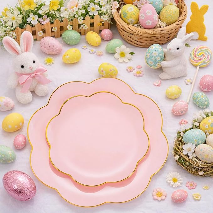 supernal 60pcs Pink Scalloped Plastic Plates with Gold Rim,Heavy Duty Plastic Disposable Plates Includes:30 Dinner and 30 Dessert Plate Perfect for Wedding, Bridal Shower, Mother's Day&Parties