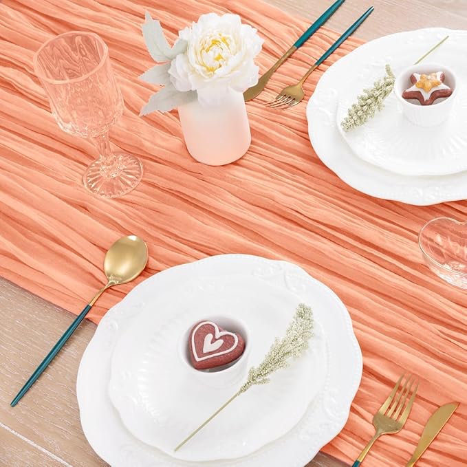 MLMC Peach Pink Cheesecloth Table Runner 10ft Sheer Gauze Coral Cheese Cloth Table Runner Spring Dinning Decoration 35x120 Inches for Wedding Bridal Baby Shower Party Decor