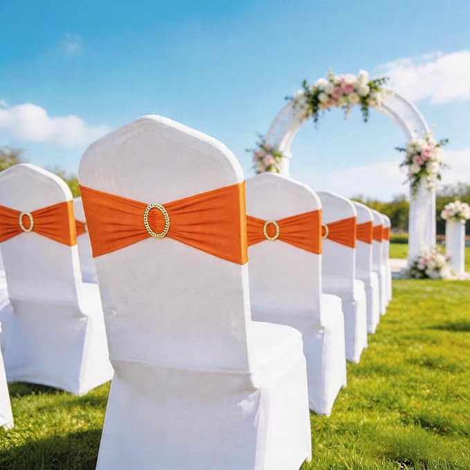 Pack of 50 Spandex Orange Chair Sashes with Gold Buckles, Stretch Chairs Sashes for Wedding Party Baby Shower Ceremony Event Decorations Chair Bands Bows (Orange Sashes, Gold Buckles)