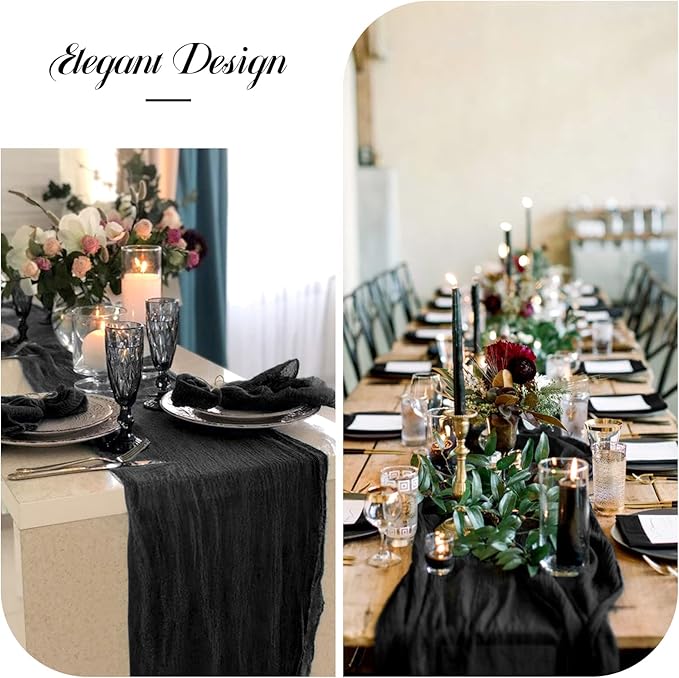 6 Pack Halloween Table Runner 10FT Black Cheesecloth Table Runner 35 x 120 Inch Long Semi-Sheer Gauze Fabric Boho or Rustic Wedding Table Decor for Bridal Shower Baby Shower Holiday Party
