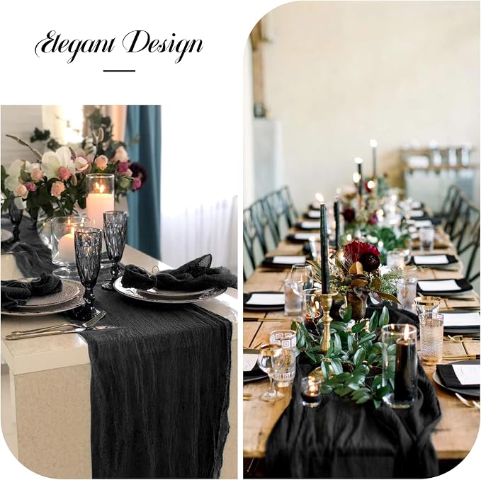 6 Pack Halloween Table Runner 10FT Black Cheesecloth Table Runner 35 x 120 Inch Long Semi-Sheer Gauze Fabric Boho or Rustic Wedding Table Decor for Bridal Shower Baby Shower Holiday Party