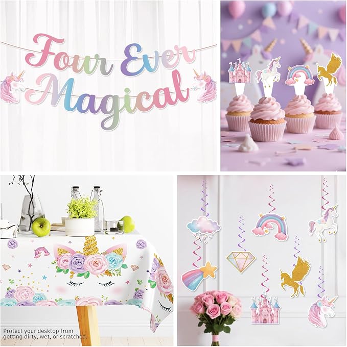 Xynic 190Pcs Unicorn 4th Birthday Decorations, Four Ever Magical Birthday Decorations Tableware Set with Plates and Napkins Serves 25, 2 Tablecloths for Unicorn Decorations