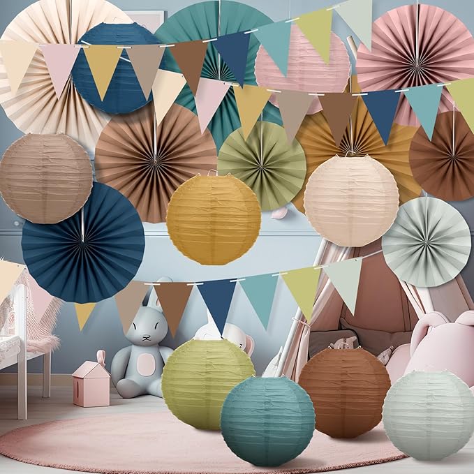 Kosiz 21 Pcs Boho Party Decoration Back to School Hanging Paper Fans Triangle Flags Paper Lanterns Set First Day of School Wall Hanging Fans for Classroom Decor Birthday Baby Shower Wedding