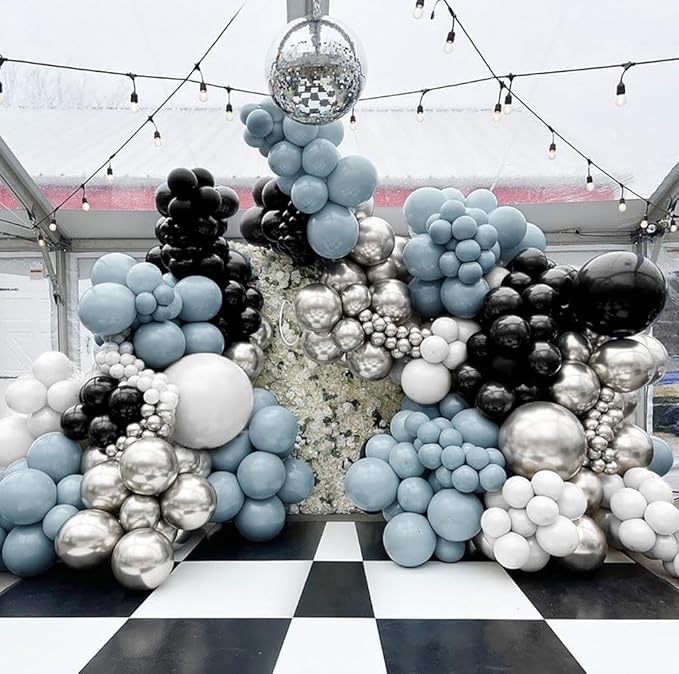 Blue Black Balloon Garland Double Stuffed Dusty Blue White Balloons Black Silver Balloon Arch for Birthday Wedding Graduation Baby Shower Anniversary Party Decorations