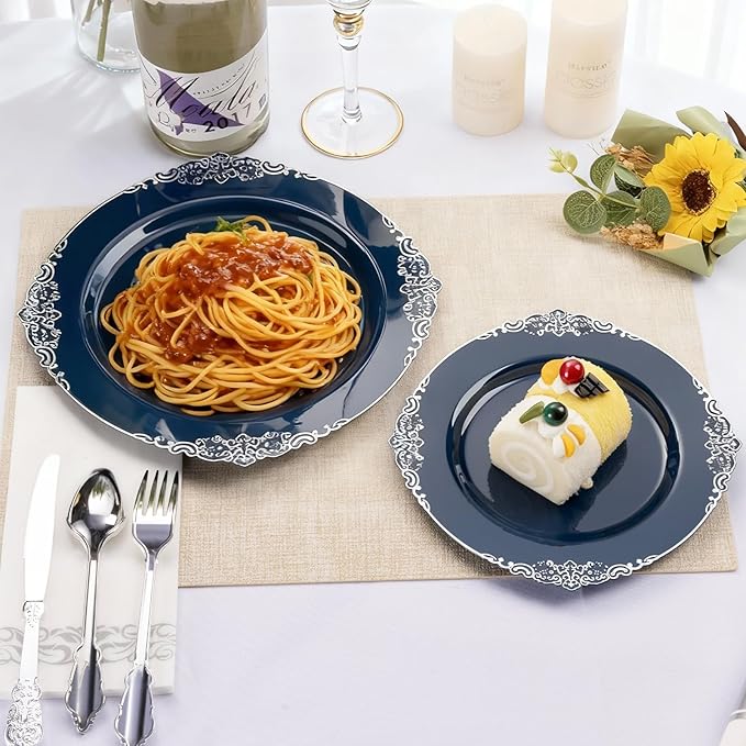 Bestluck 350PCS Navy Blue Plastic Plates for 50 Guests, Disposable Plates with Silver Trim include 50 Dinner and Dessert Plates, 150 Gold Silverware, 50 Cups, 50 Napkins for Party, Wedding