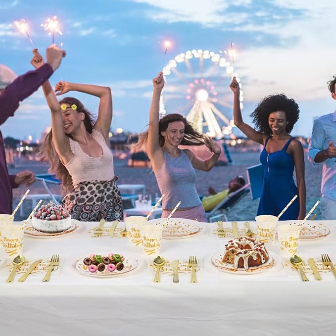201 Pieces Birthday Plate Set, Birthday Decorations, Includes Paper Plates, Paper Cups, Straws, Napkins, Tablecloths, and Plastic Knives, Forks, and Spoons, Suitable for parties of 25 people!(White)