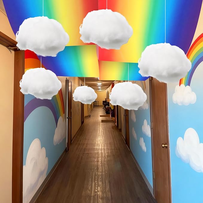 9 Pcs Rainbow Party Ceiling Decorations Kit Include 12 x 2 ft Rainbow Fluorescent Light Covers 6 Packs 3D Cloud Props Hanging Decor for Classroom Birthday Nursery Daycare Decor